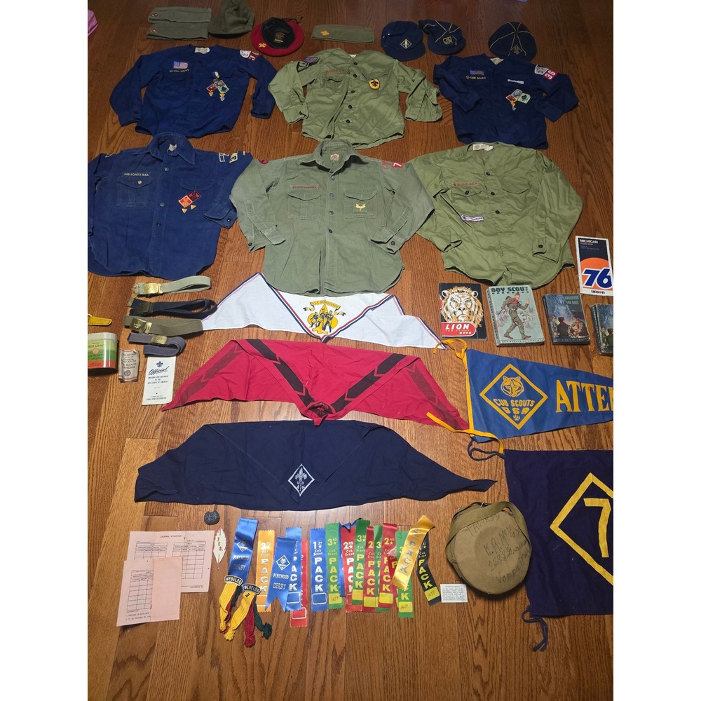 Vintage Boy Scouts BSA Cub Scouts Uniform Lot Shirts Hats Ribbons Canteen 1950s